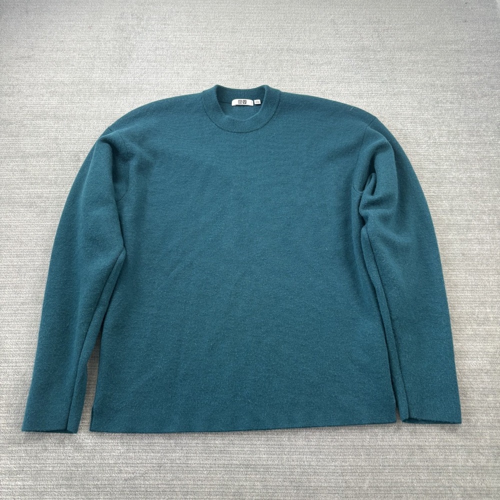 Uniqlo Premium Lambswool Sweater Mens L Green Ribbed Collar Casual Stretch